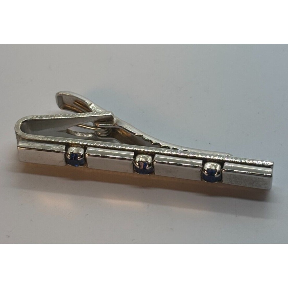 Vintage Tie Bar Blue Rhinestone Details Silver Tone Mid Century Signed Speidel